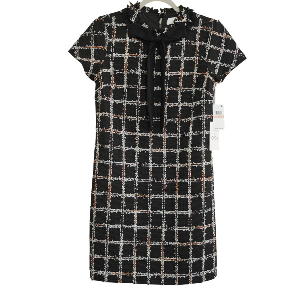 CeCe Size 2 Black Plaid Tweed Shift Dress Bow Neck Fringe NWT Career Chic‎ City